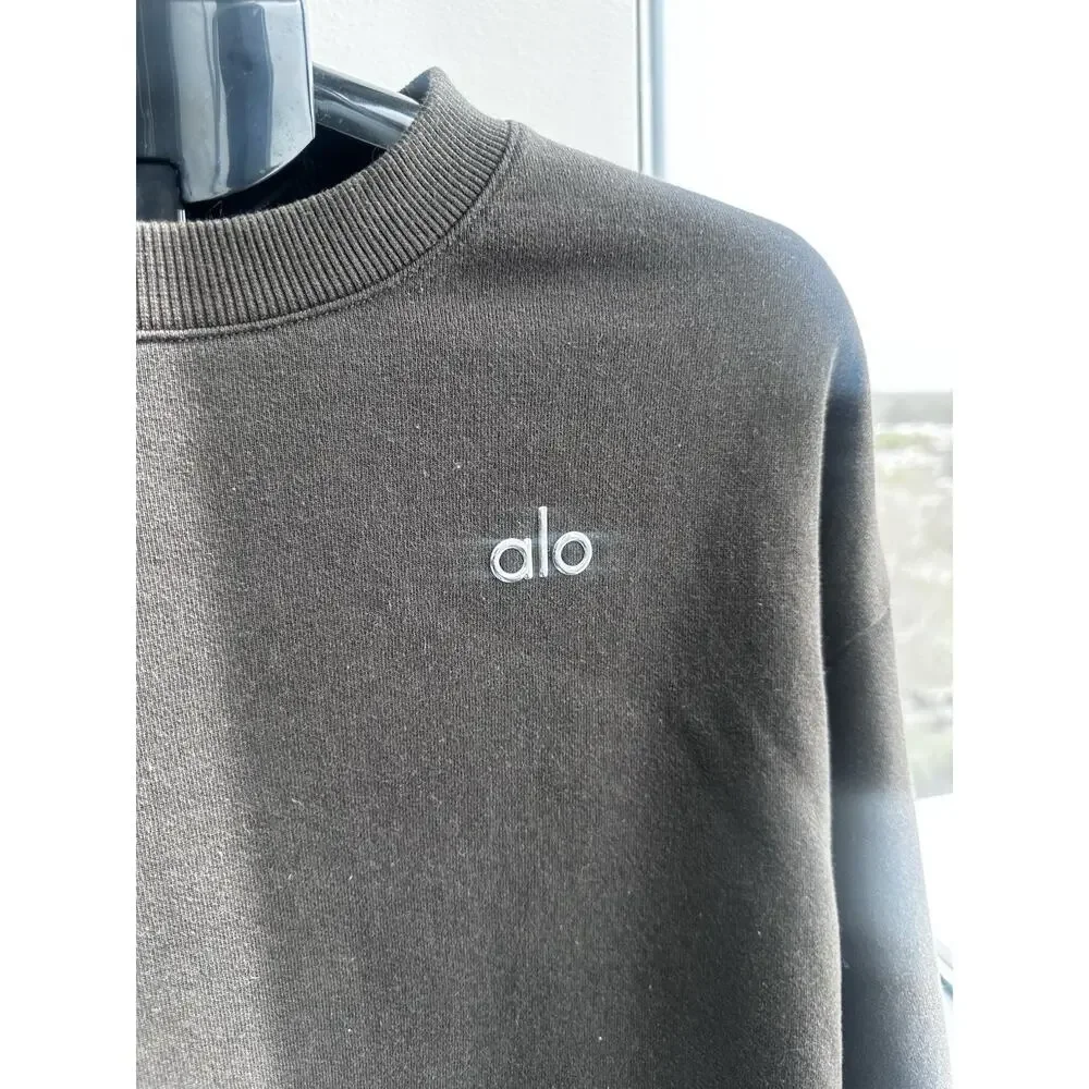 Alo Brown Pullover Sweatshirt Cotton Fleece Logo Crew Neck Long Sleeve M - Picture 3 of 10